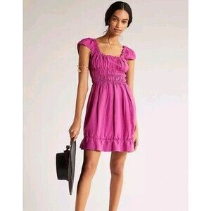 Anthropologie Linen Smocked-Waist Mini Dress Cap Sleeve Raspberry Size Small